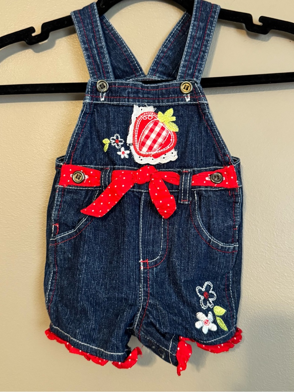 Vintage 90s Baby Girl Strawberry Embroidered Ruffle Bow Denim Overalls 3-6 Mo